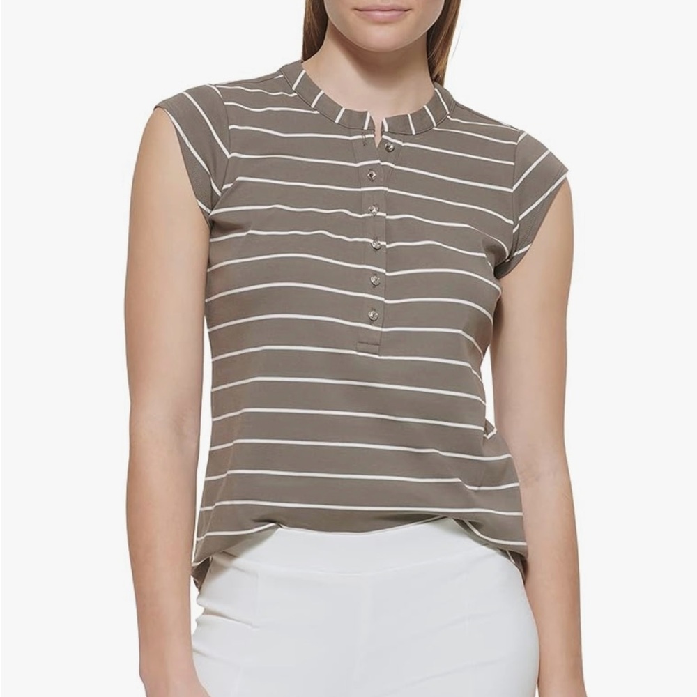 NWOT Women's Calvin‎ Klein Caper Short Sleeve Stripe Button Front T-Shirt Small